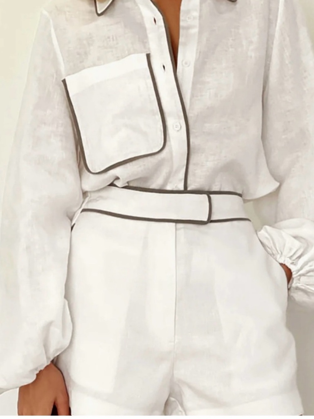 Commence White Two-Piece Linen Short Set with Contrast Piping